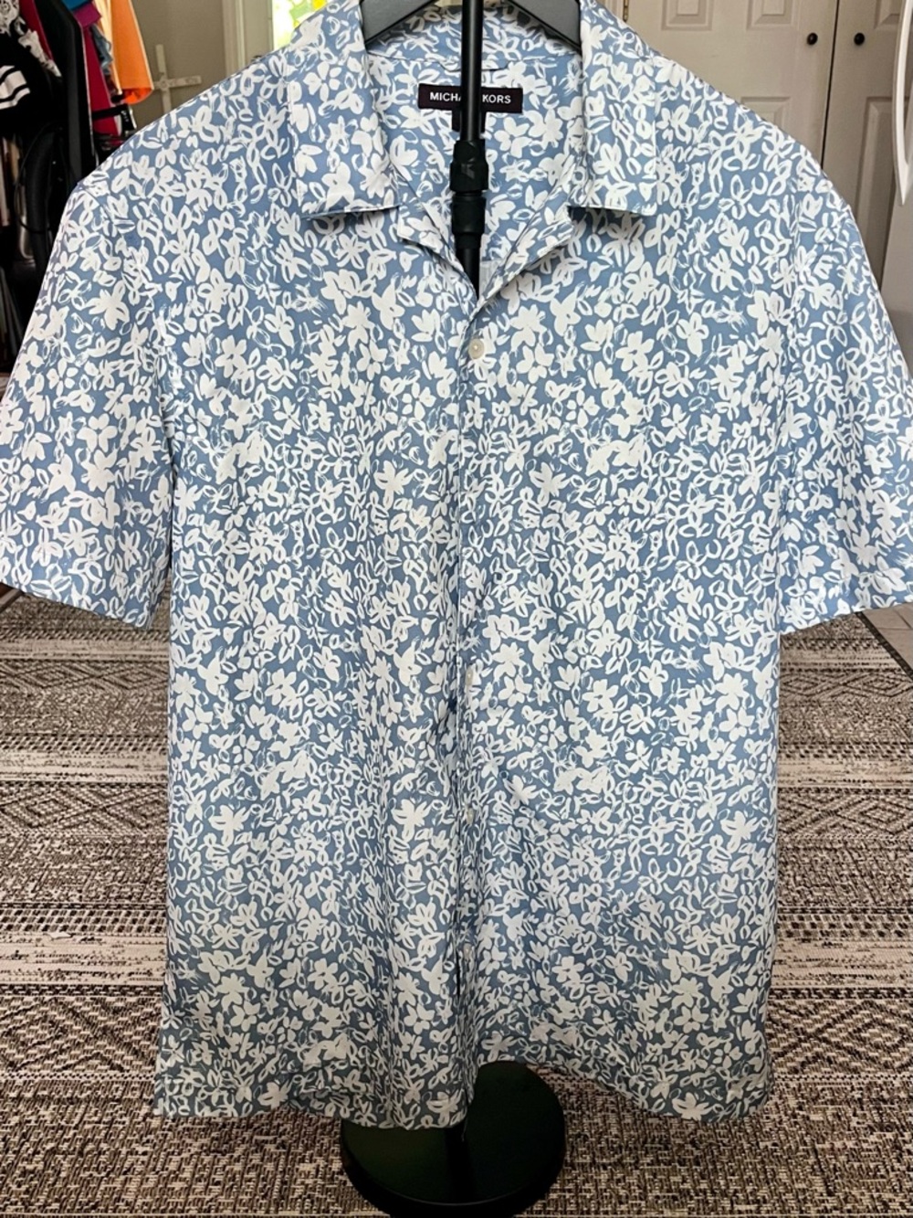 Michael Kors Pale Blue and White Floral Camp Shirt